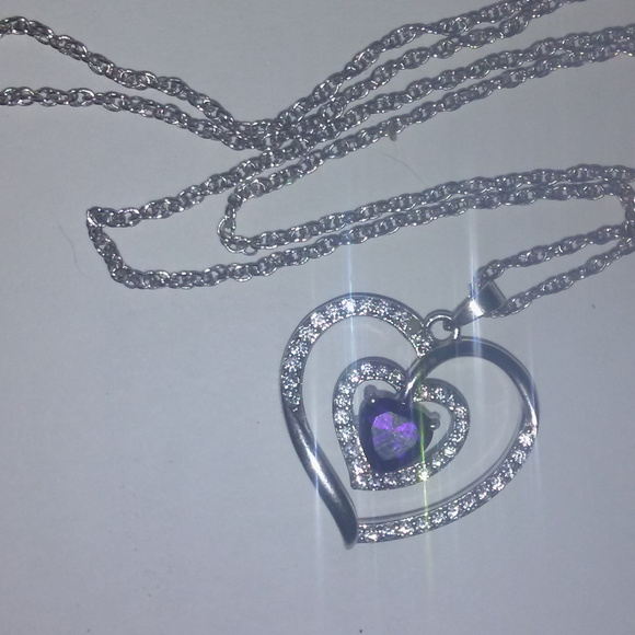Heart Necklace Jewelry - Heart necklace purple stone clear crystal stamped